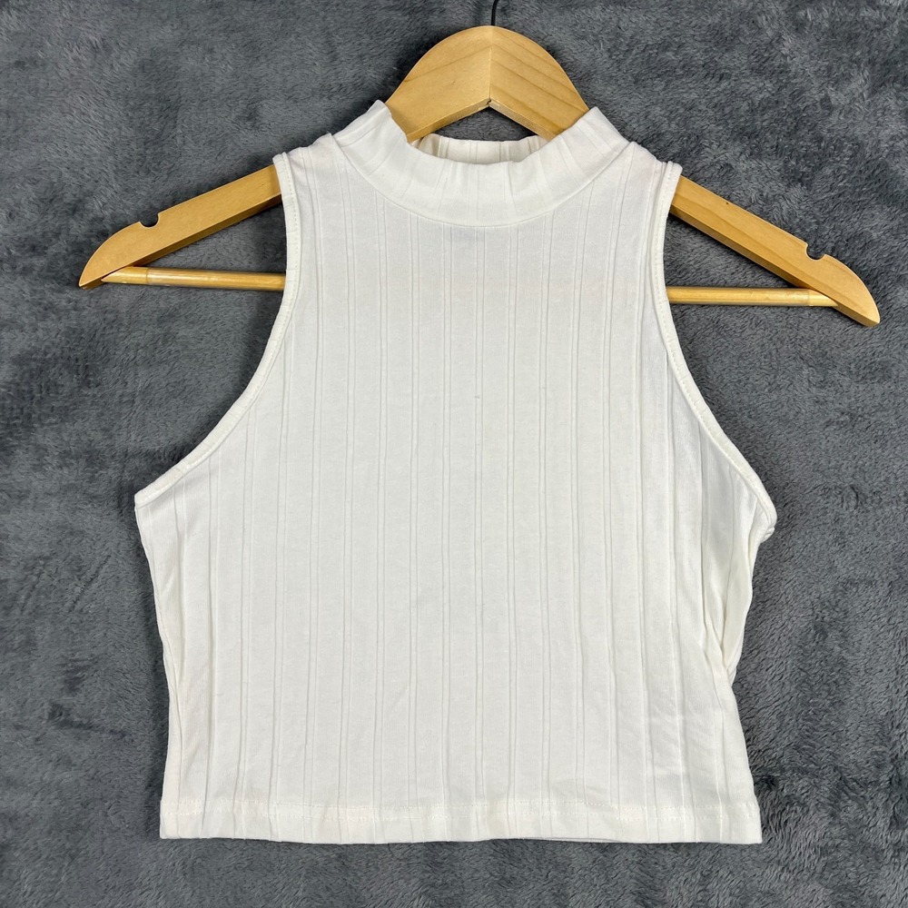 Shein Prive Mock Neck Rib Knit Tank Top Womens 4 White Cropped Slim Fit Stretch